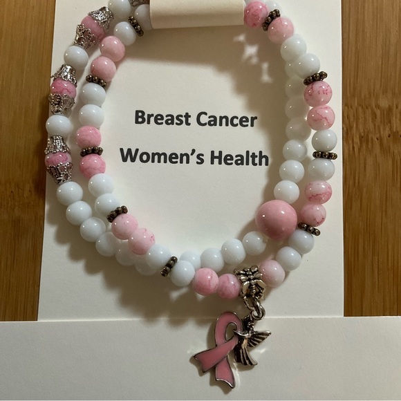 Hand Crafted Breast Cancer Awareness Bracelet Set Beaded Stretch 7.5 inches - Picture 4 of 12